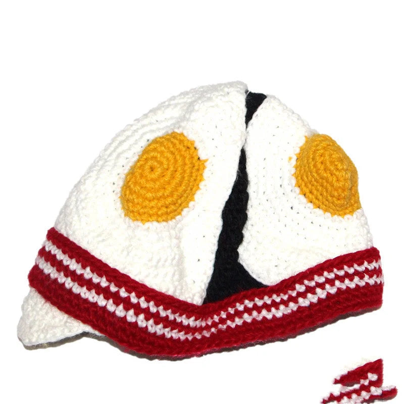 Hand-knitted egg hat in white, perfect for winter warmth and party costumes