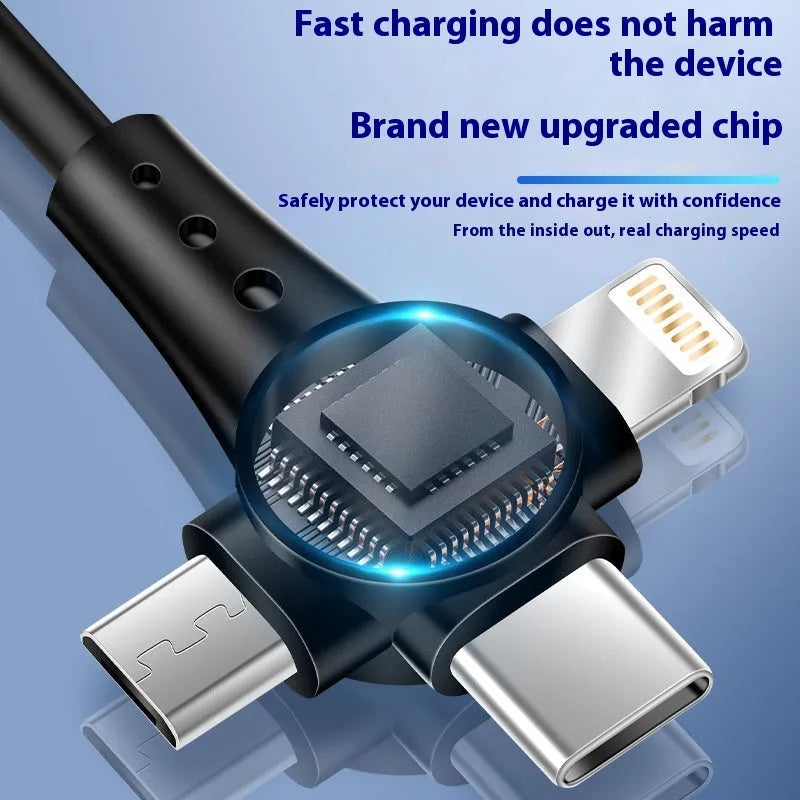 Black telescopic data cable extended to 1.5m with Lightning, Micro USB, and Type-C charging heads