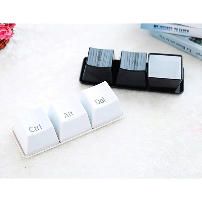 Keyboard-inspired beverage holder set with three separate cups and attached tray for organizing drinks, snacks, or candies