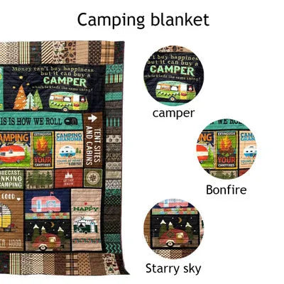 Outdoor camping blanket made from soft 100% polyester in a picnic setting with green grass background