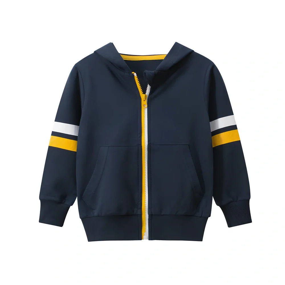 Boy's grey hooded cotton zipper sweatshirt, long sleeve, sizes 90-140cm for ages 1-9, soft fabric with rounded neck