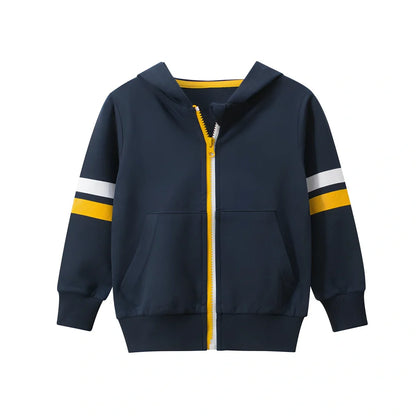 Boy's grey hooded cotton zipper sweatshirt, long sleeve, sizes 90-140cm for ages 1-9, soft fabric with rounded neck