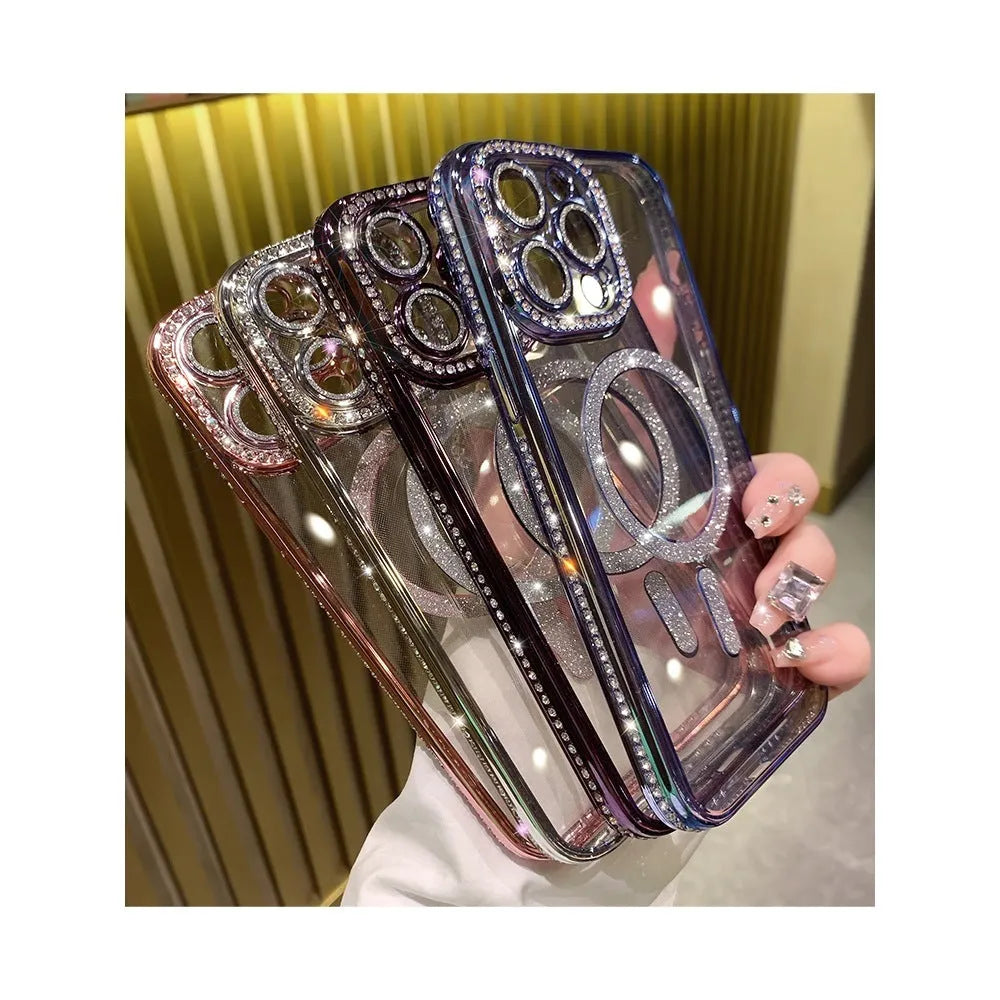 Soft silicone magnetic wireless charging case for iPhone in deep purple, rose gold, silver, and blue.
