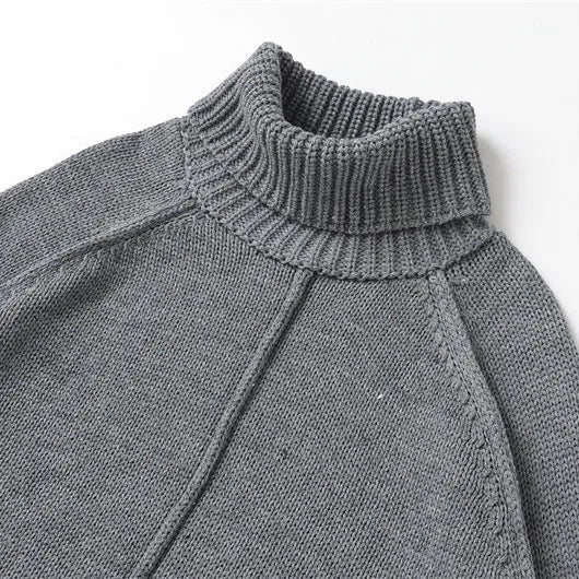 Women's casual loose stand-neck knit sweater in grey with contrast stripes, front view