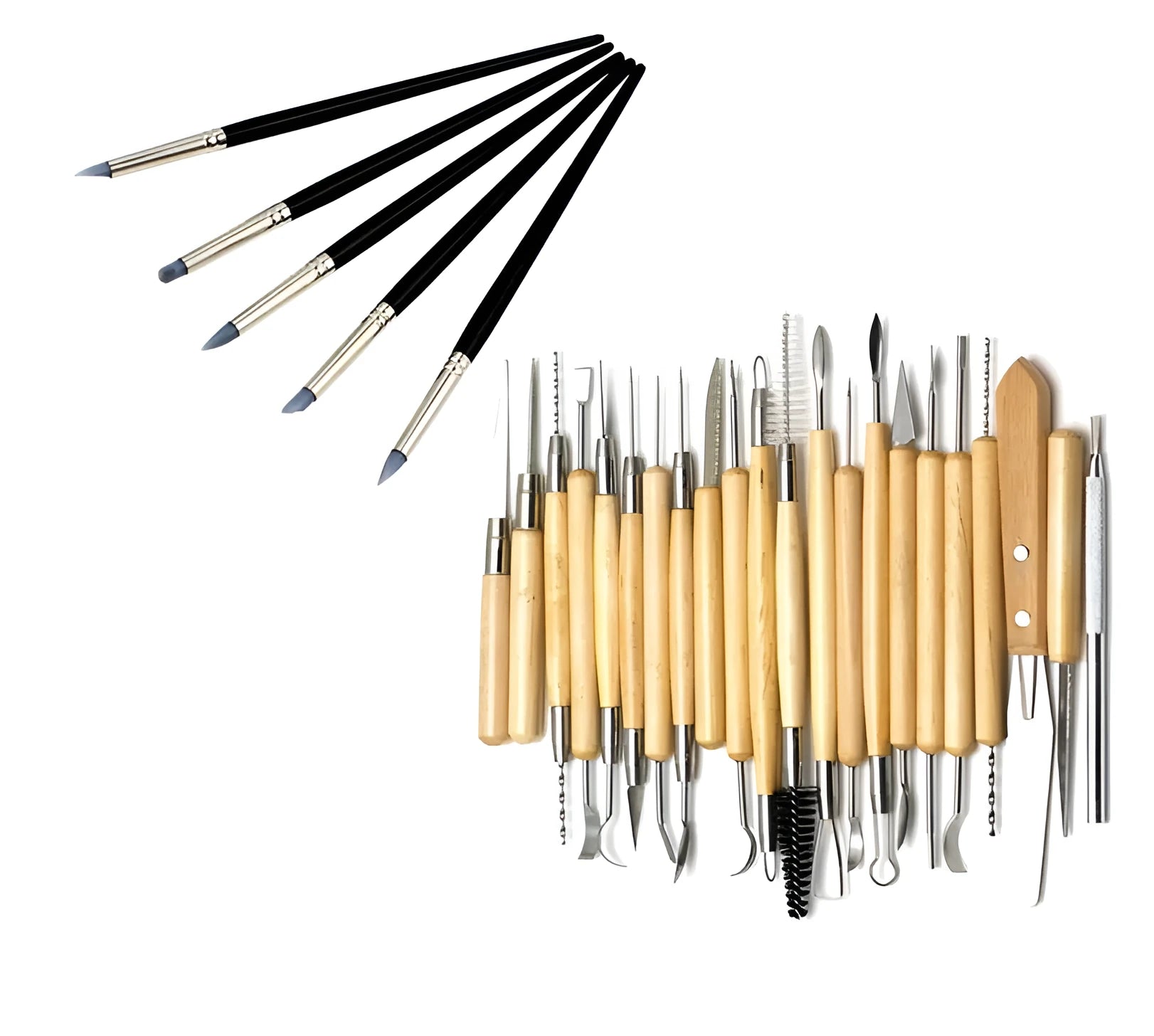 27-piece pottery clay tool set with rolling pin on a table