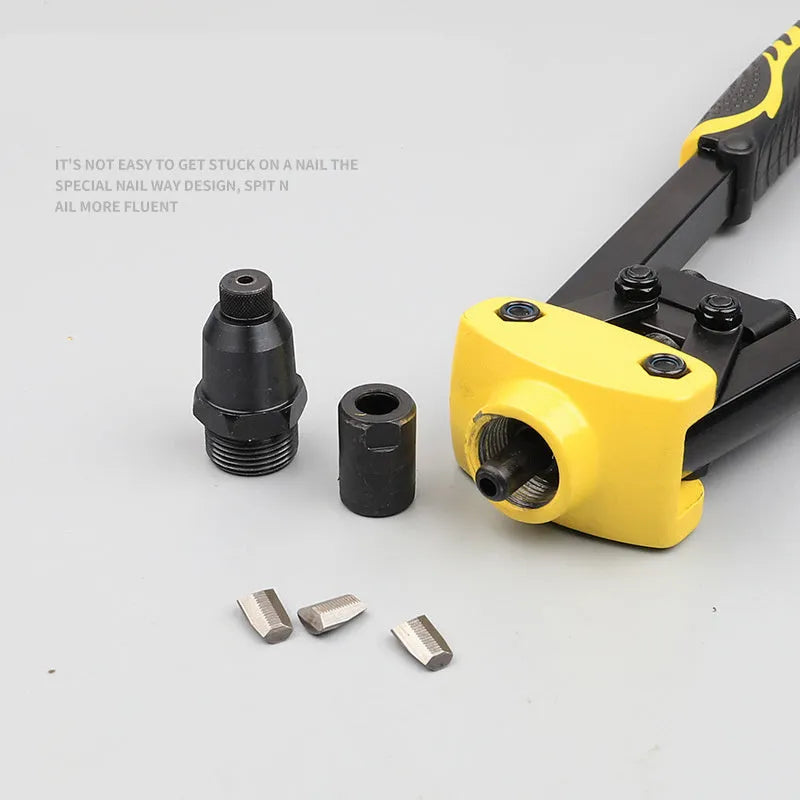 Yellow 13-inch manual rivet gun with built-in interchangeable tips for household DIY projects.