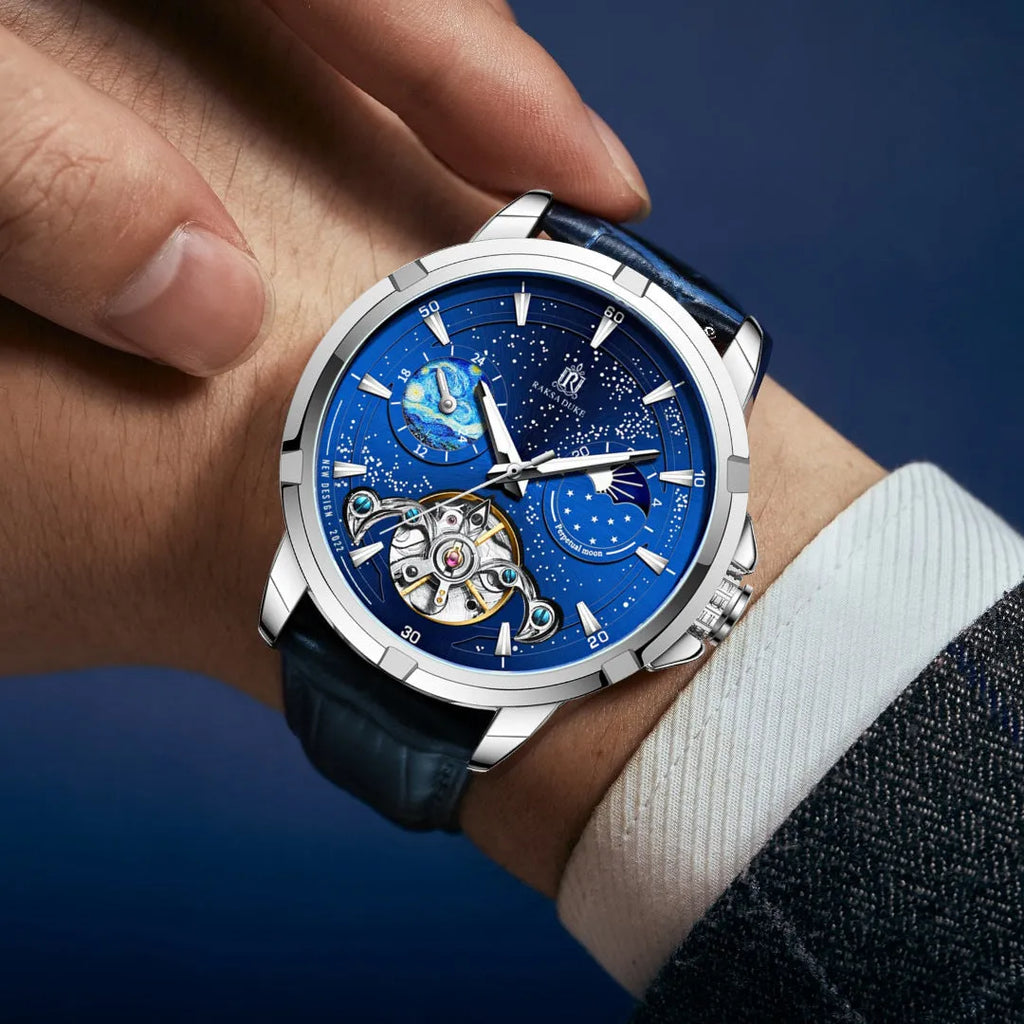Men's blue automatic mechanical watch with 885b case on wrist
