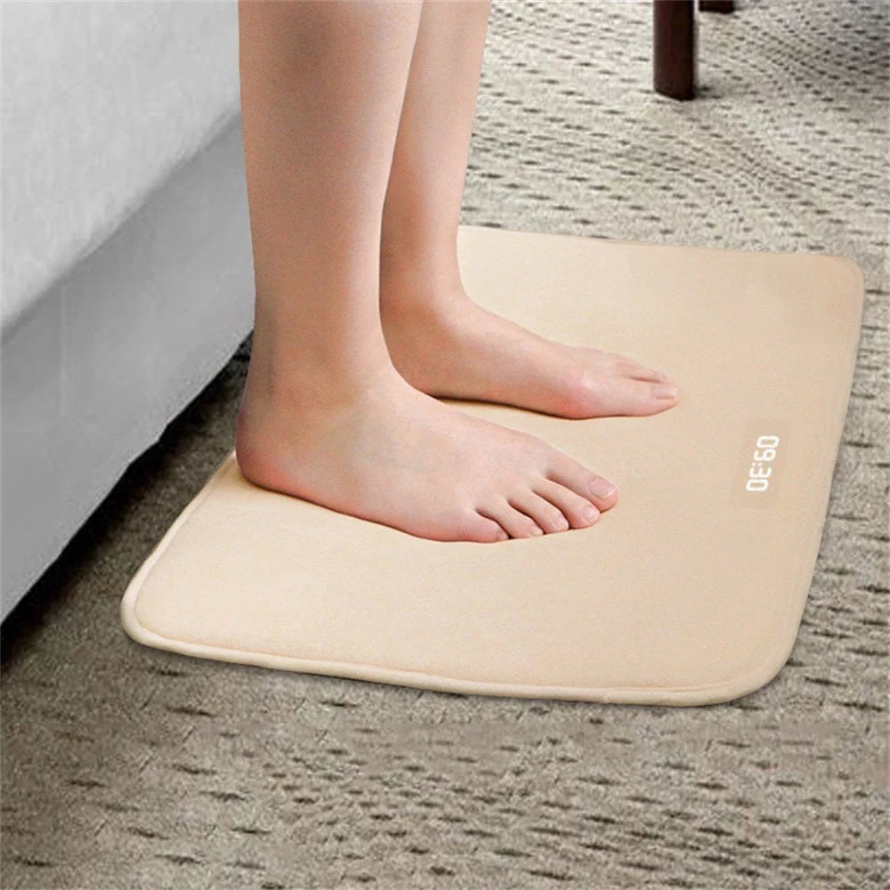 Innovative alarm clock carpet with touch-sensitive design, bright LED display, and high-density memory foam for comfort