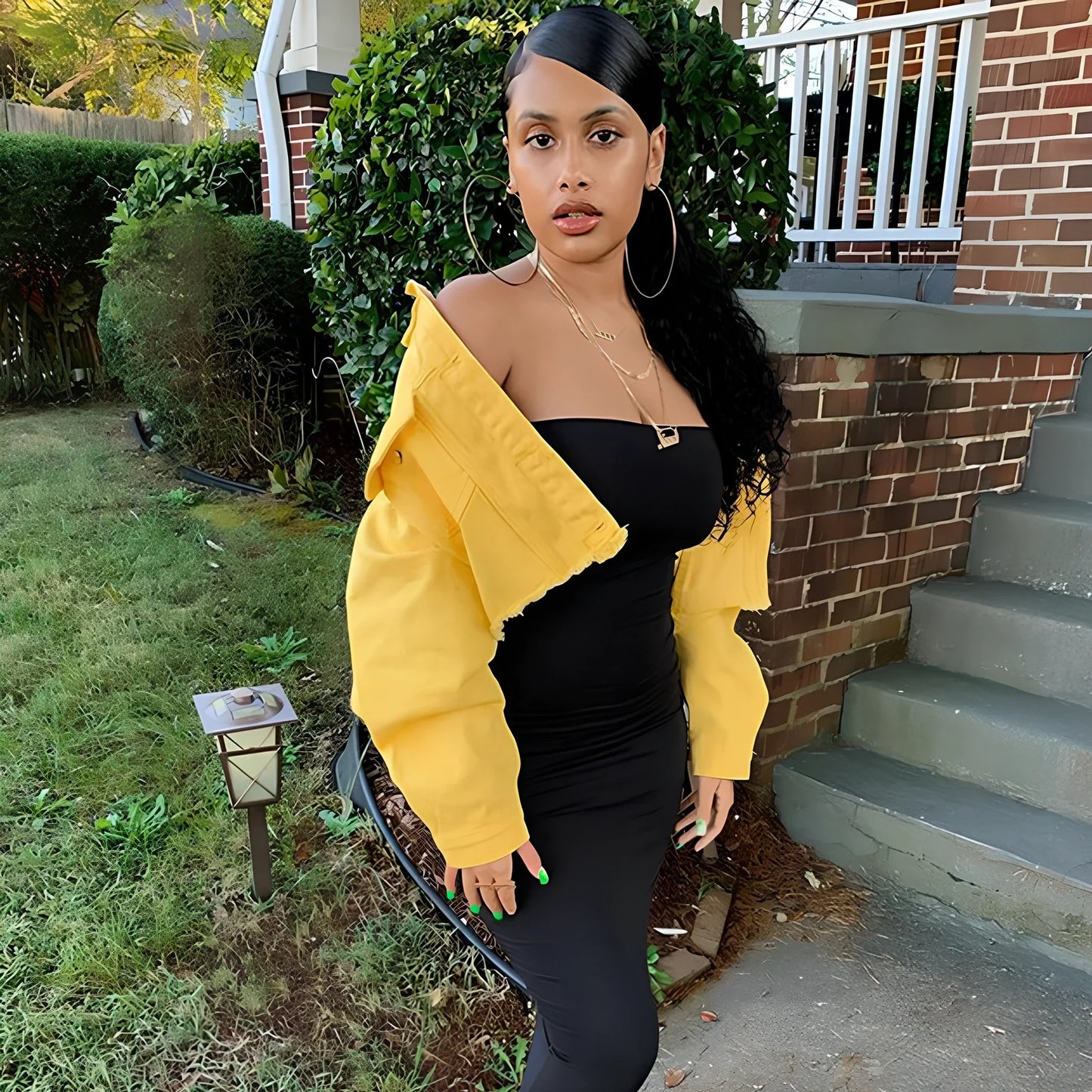 Orange cropped women's denim jacket with lapel collar, long sleeves 46cm, pockets, length 41cm, 0.35kg weight