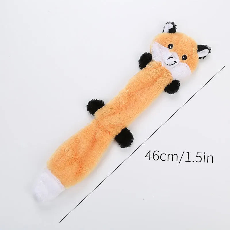 46cm plush dog toy with squeaker in brown, carrot, grey, or yellow colour options