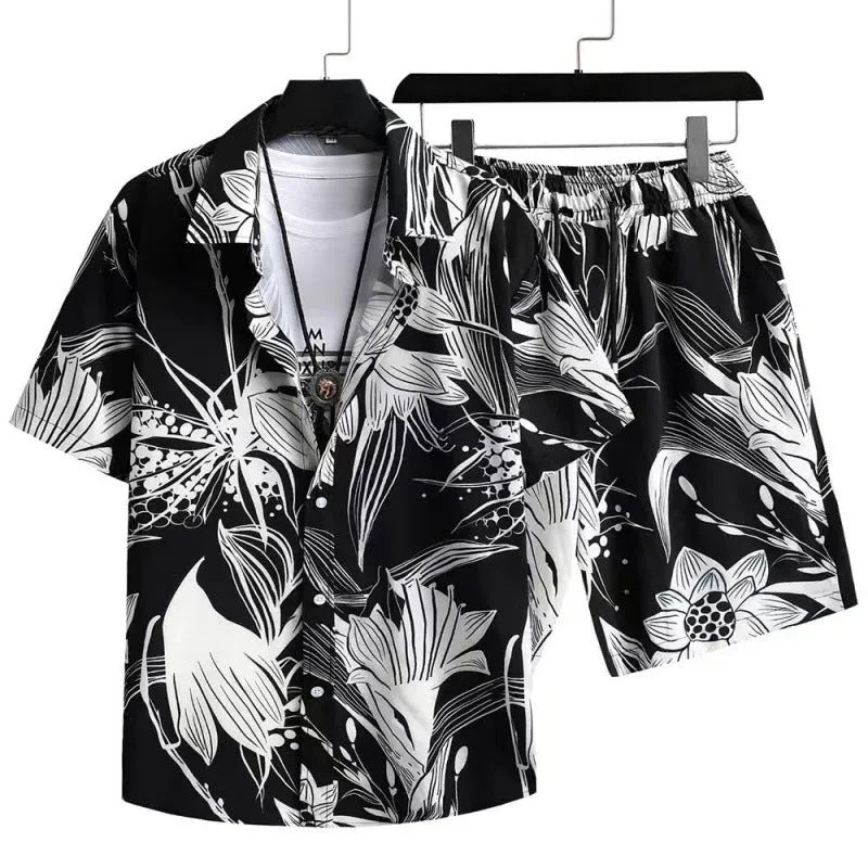 Man wearing a digital print short-sleeve cardigan and matching shorts from a casual suit set.