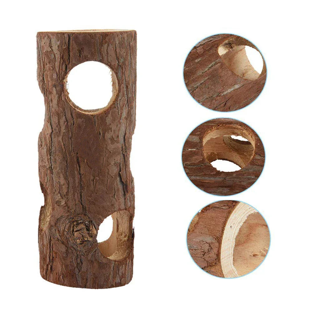 Natural pine wood hamster chew toy with multiple holes for small pets