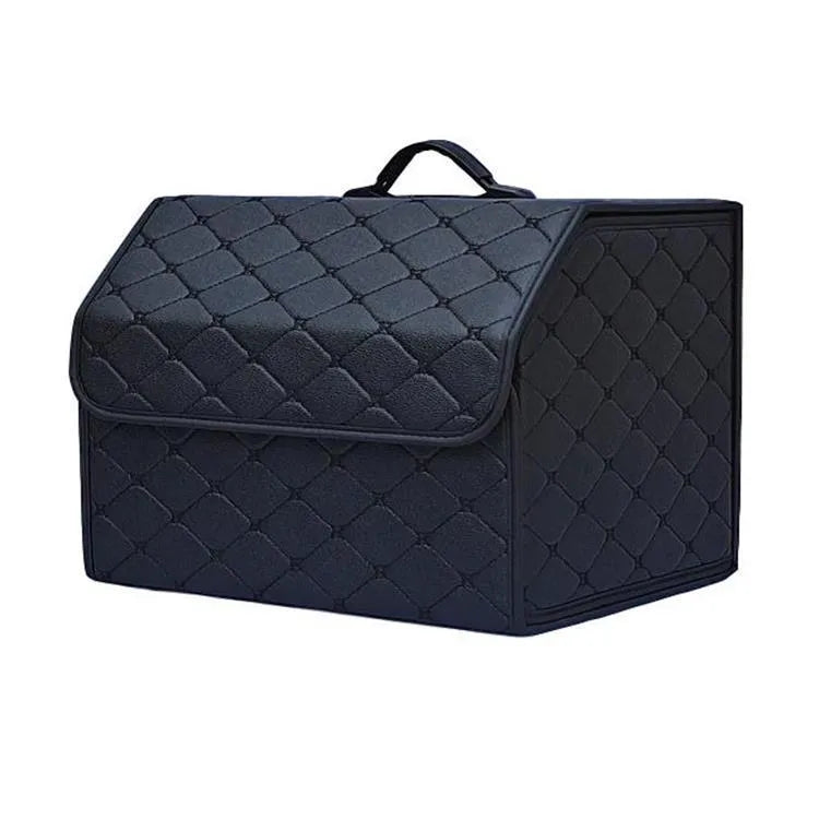 Foldable car leather storage box in black and blue, three sizes, on a flat surface
