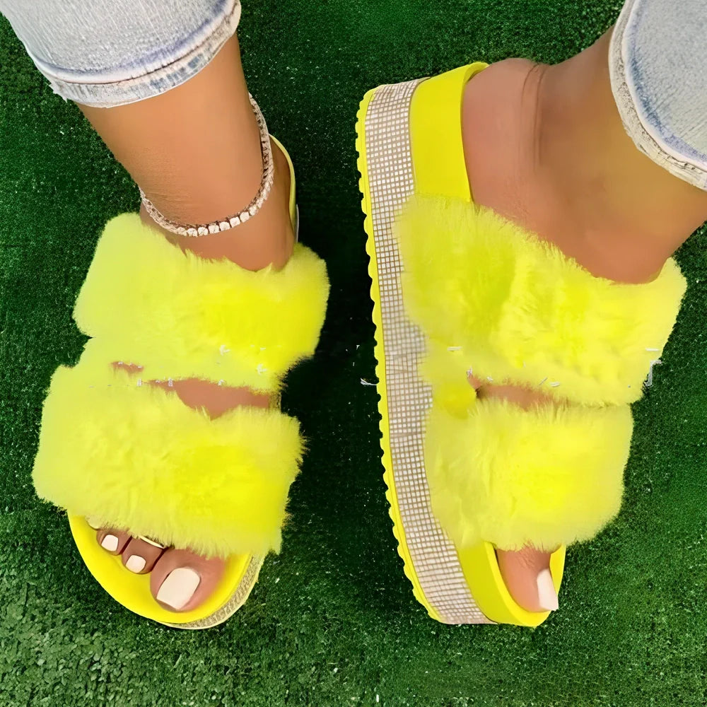 Women's bling reversible fur slide slippers in black with 6-8cm wedge heel, rhinestone accents, and non-slip sole