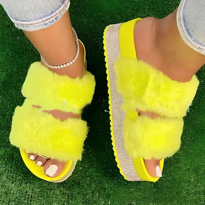 Women's bling reversible fur slide slippers in black with 6-8cm wedge heel, rhinestone accents, and non-slip sole