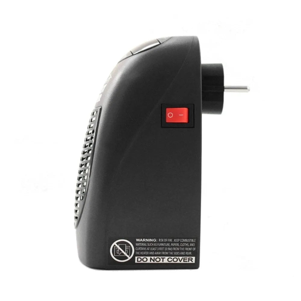 Black mini portable electric heater with digital display and a rotating three-prong plug.