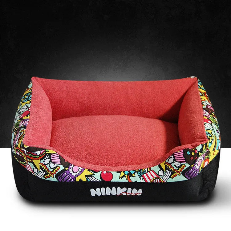 Pet litter mat in dark red cloth placed under a litter box to trap litter and debris