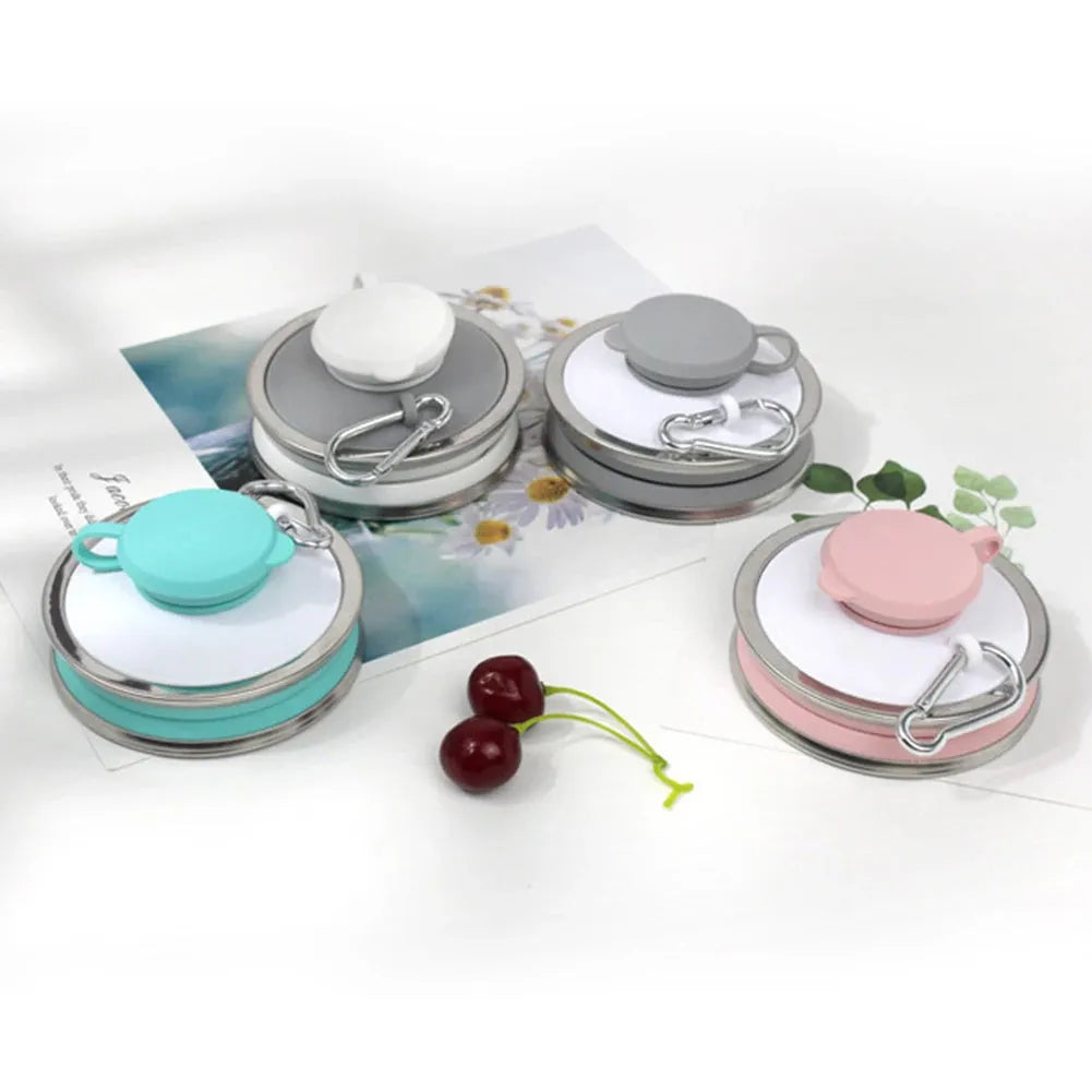 500ml collapsible silicone travel cup shown folded and unfolded with hanging rope and stainless steel rim