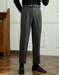 Grey straight leg high-waist casual trousers made from cotton twill fabric, shown on a model.
