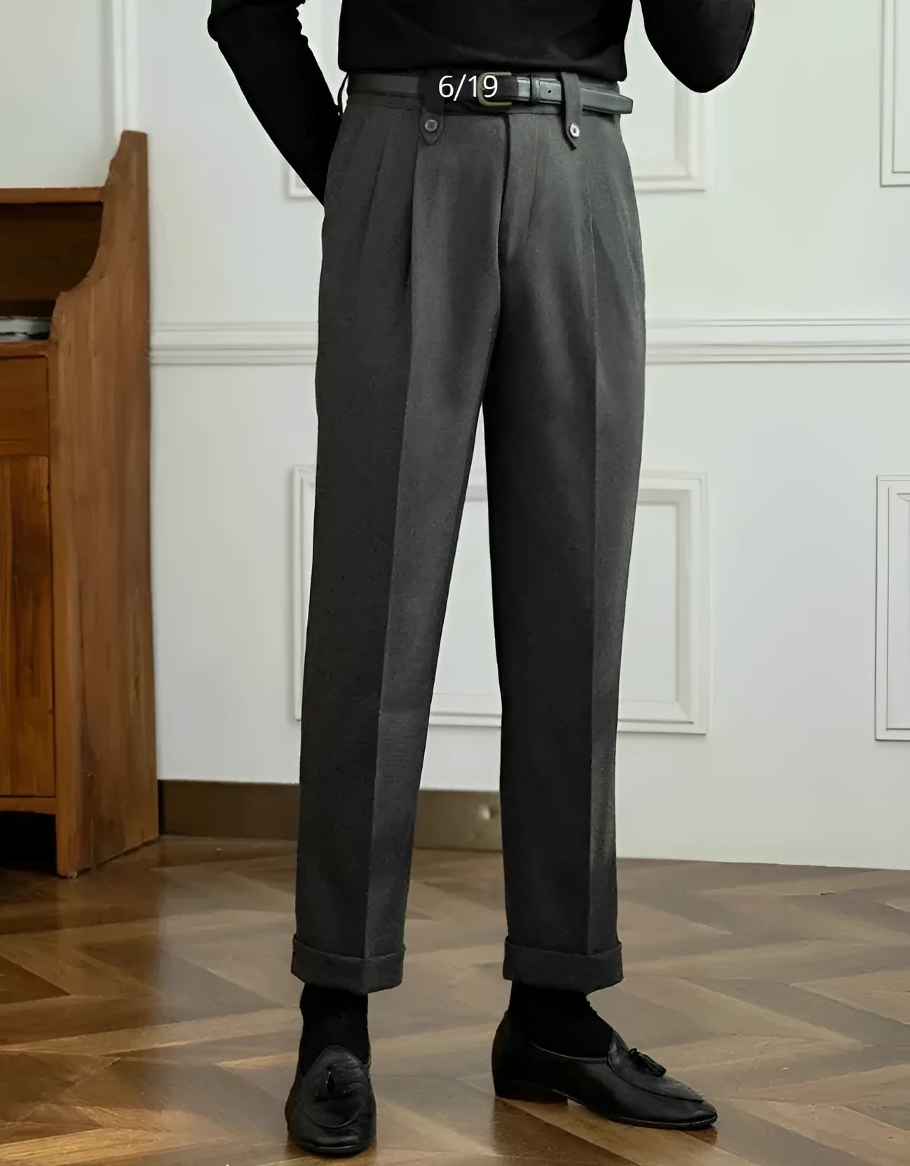 Grey straight leg high-waist casual trousers made from cotton twill fabric, shown on a model.