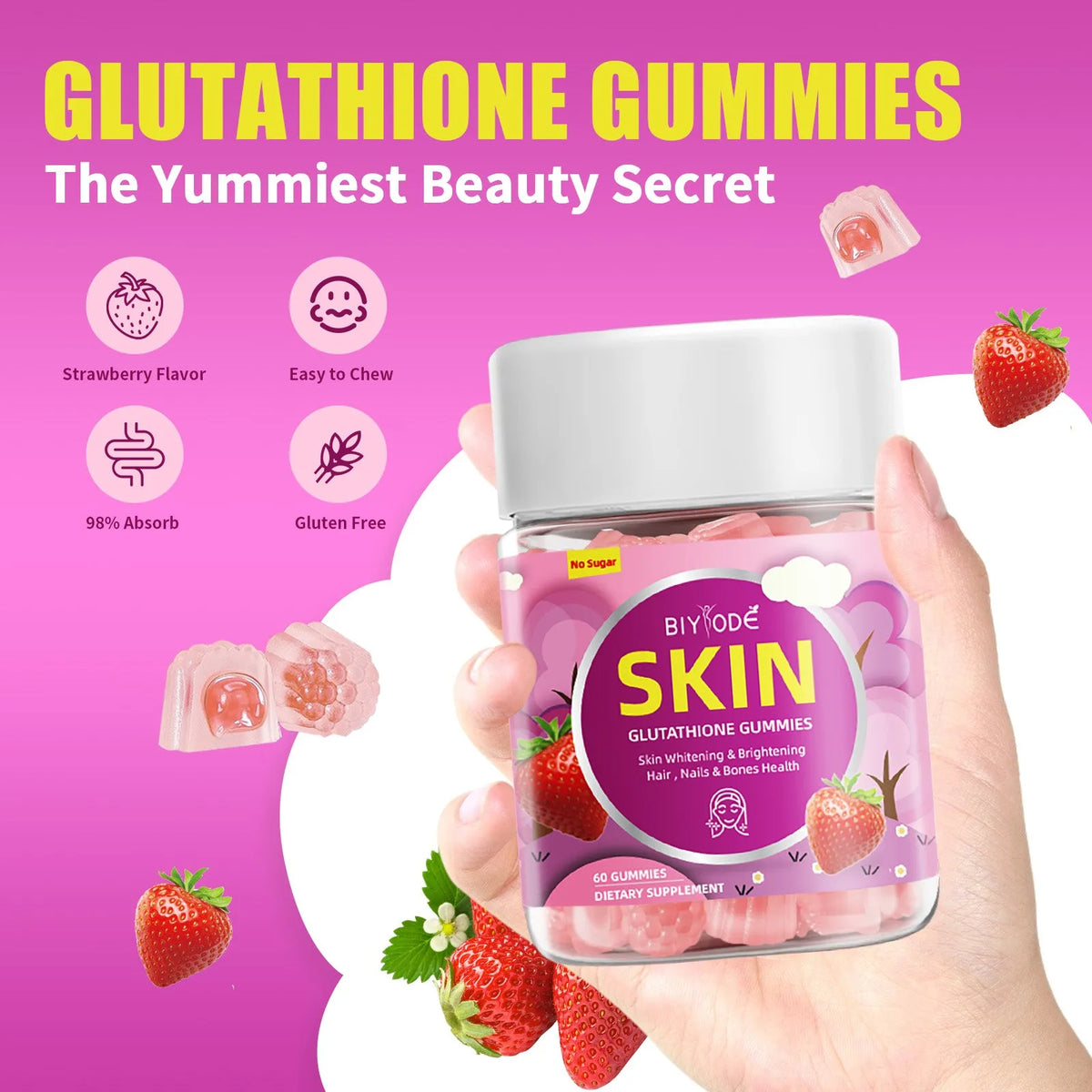 Bottle of glutathione collagen multivitamin gummy supplement with 60 gummies, certified GMP HALAL NSF