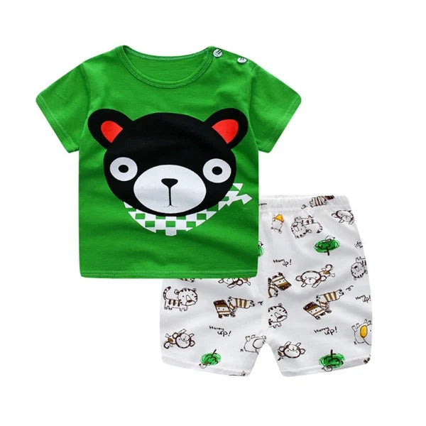 Cotton cartoon T-shirt and pants set for infants, available in various playful designs and sizes from 73cm to 110cm