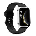 Black smart watch with 1.69-inch touch screen displaying heart rate data on silicone wrist strap