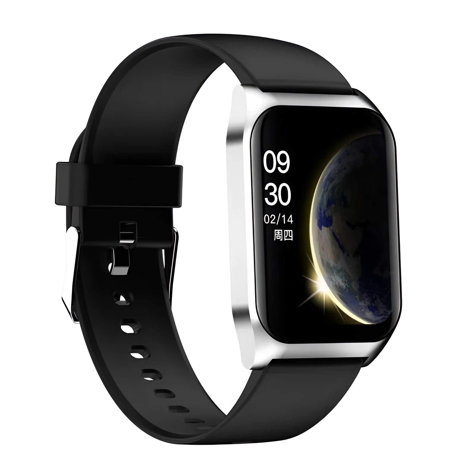 Black smart watch with 1.69-inch touch screen displaying heart rate data on silicone wrist strap