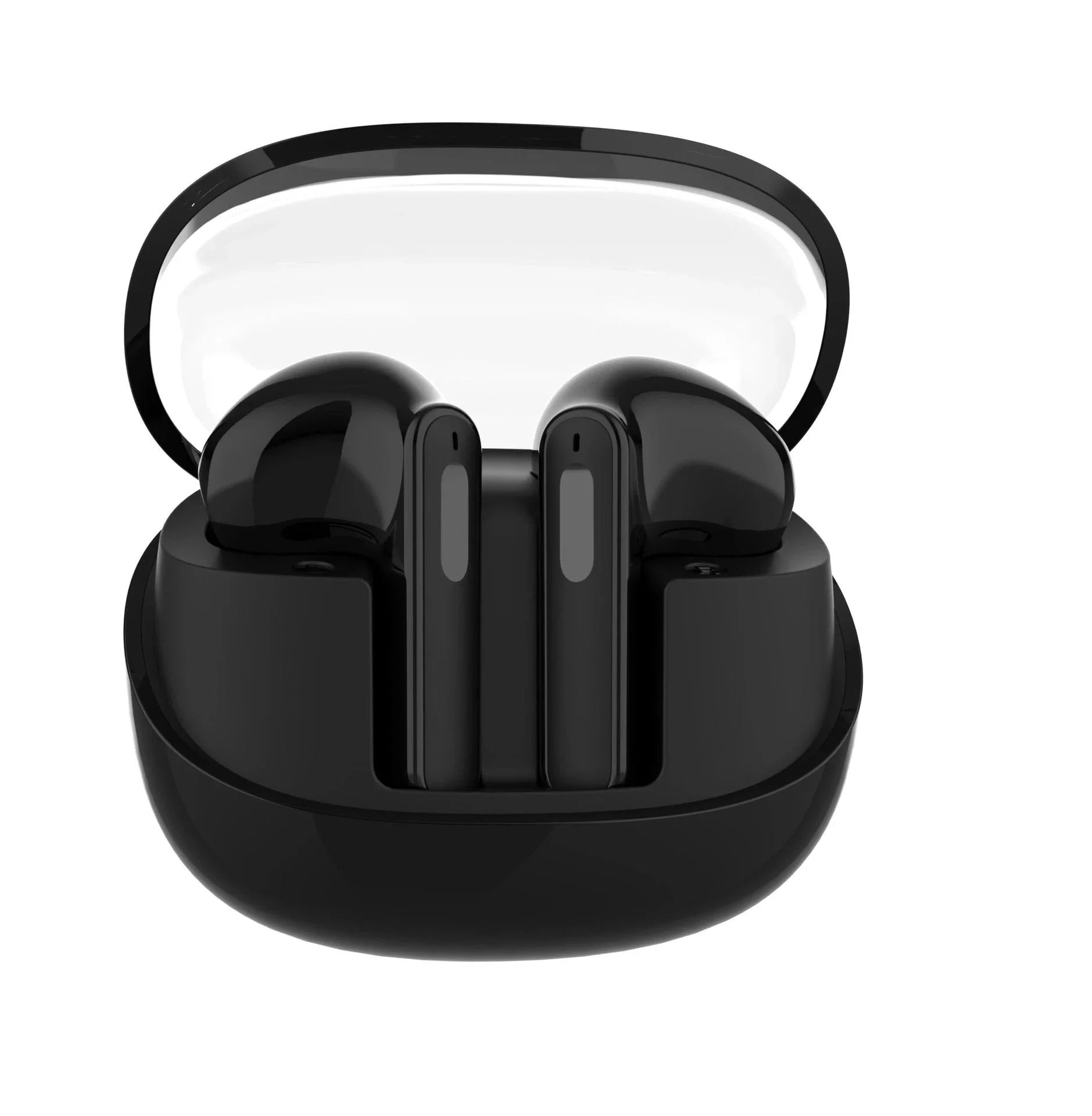 Wireless Bluetooth headset with transparent mini charging case, designed for superior sound quality, all-day comfort, and seamless connectivity.