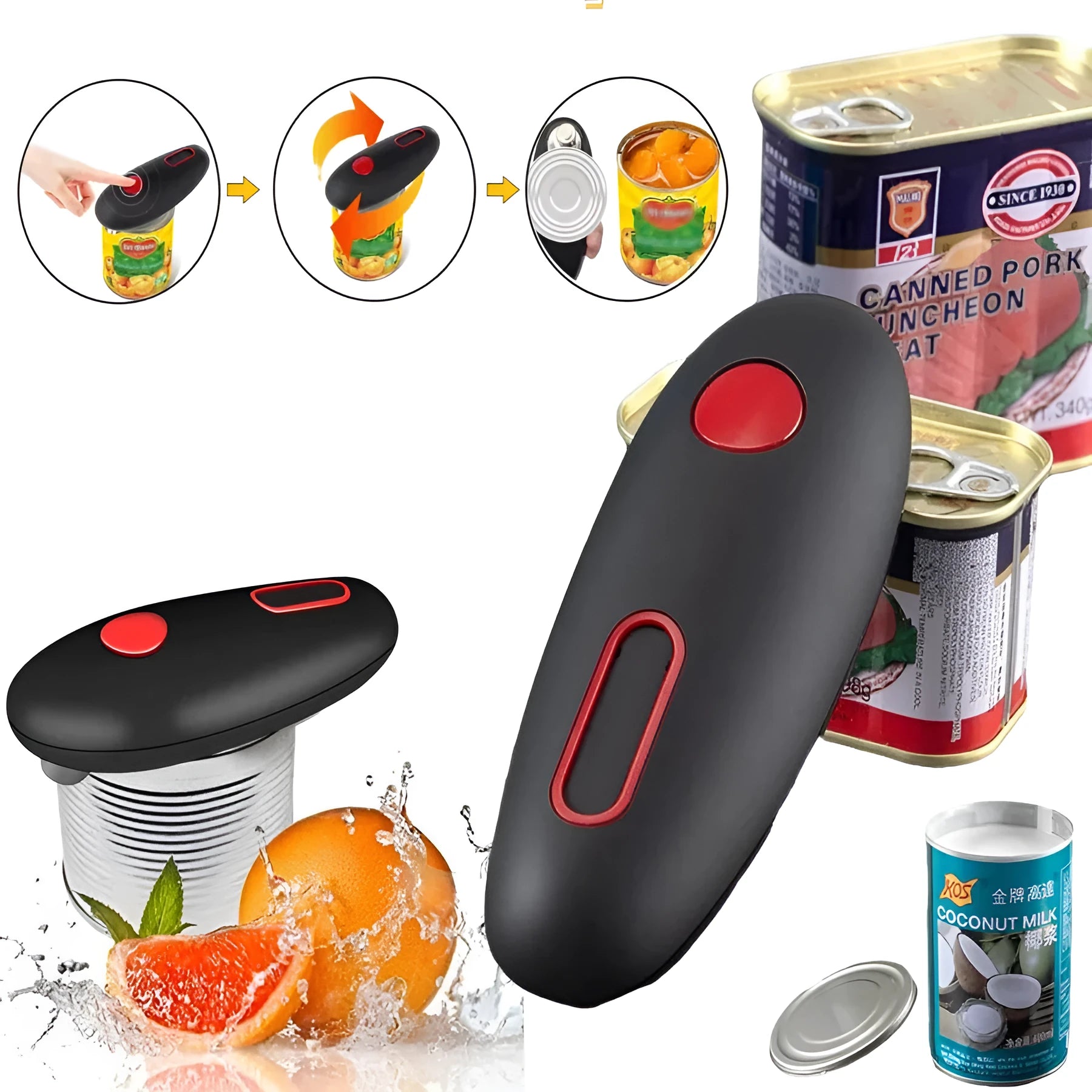 Black plastic electric can opener with battery compartment for portable kitchen use