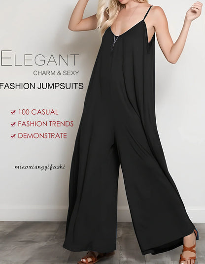 Women's black V-neck long jumpsuit with wide legs, loose fit up to 5XL, 160cm length for summer casual wear