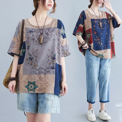 Ethnic style loose round neck print short sleeve t-shirt in ramie fabric