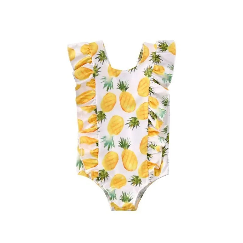 Printed sleeve one-piece polyester swimsuit for baby girls, red or yellow, sizes 80-120cm