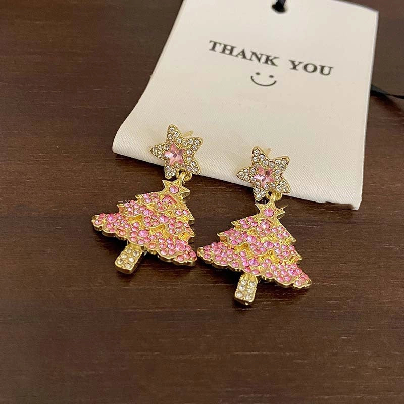 Pink Christmas tree earrings with sparkling zircon details, perfect for holiday parties