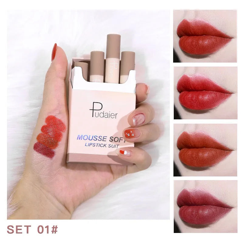 Small pipe lipstick set of four shades with velvet matte finish, 2.5g each, compact size