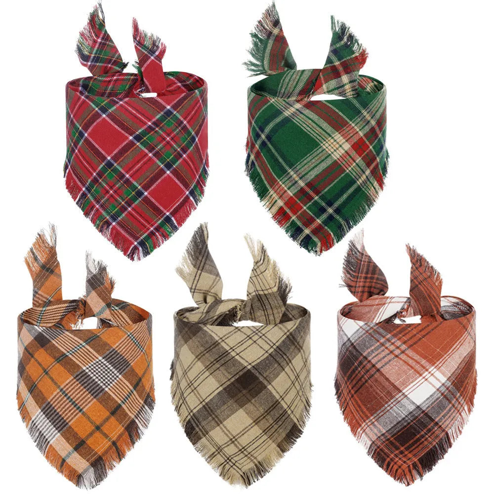 Classic plaid dog bandana with tassel edges in autumn colours on canine