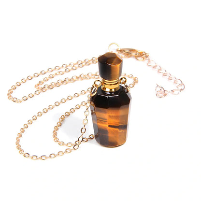 Crystal perfume bottle pendant necklace with tiger eye cap on 45 cm silver chain, 4 cm size in FI0636 colour variant