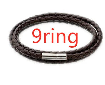 Personalized braided leather bracelet with engraved charm for men, available in black, brown, and navy colors