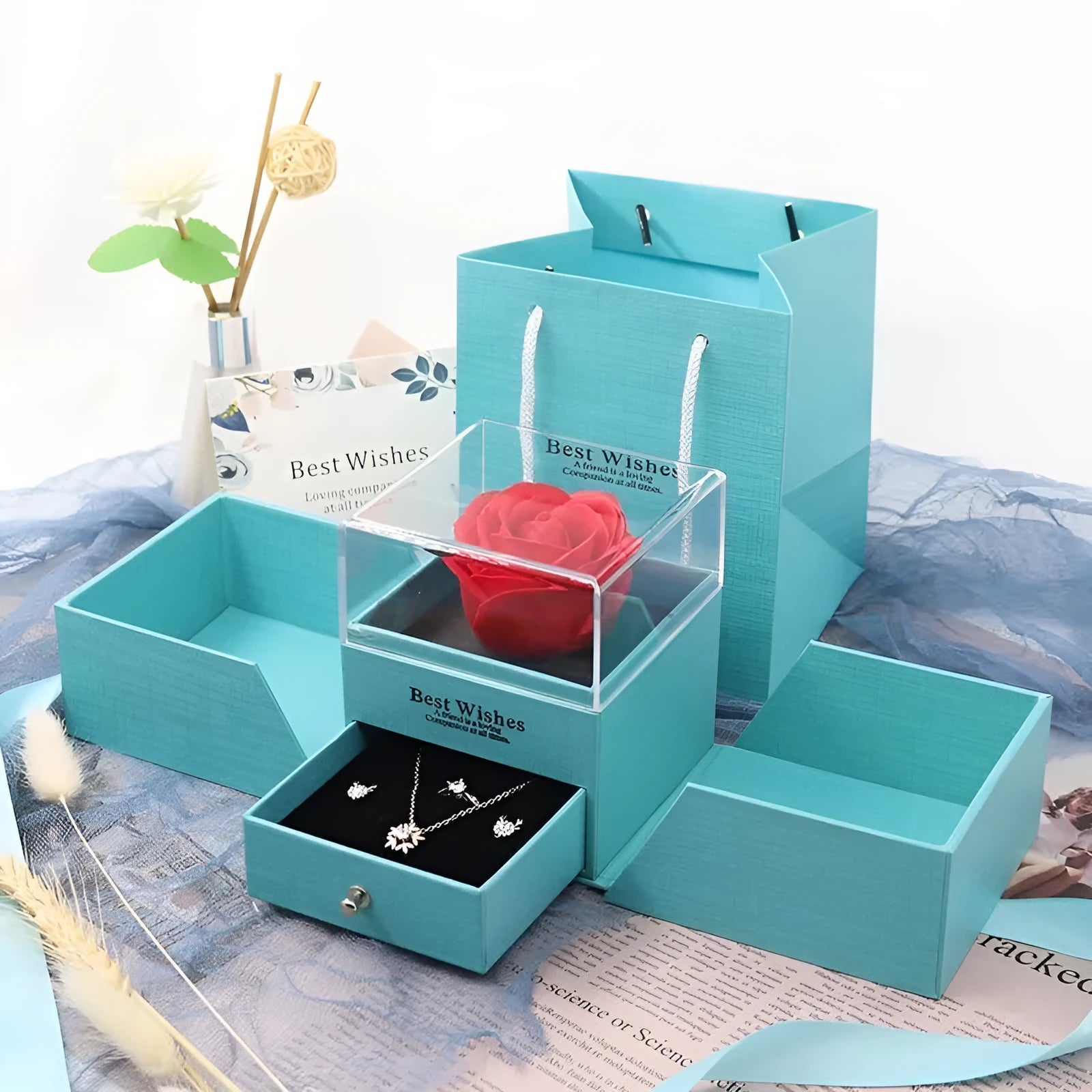 Valentine's Day gift box with plastic eternal rose for jewellery, available in blue, green, grey, pink