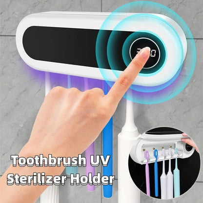 Wall-mounted toothbrush holder with UV sterilizer and toothpaste dispenser in ivory white