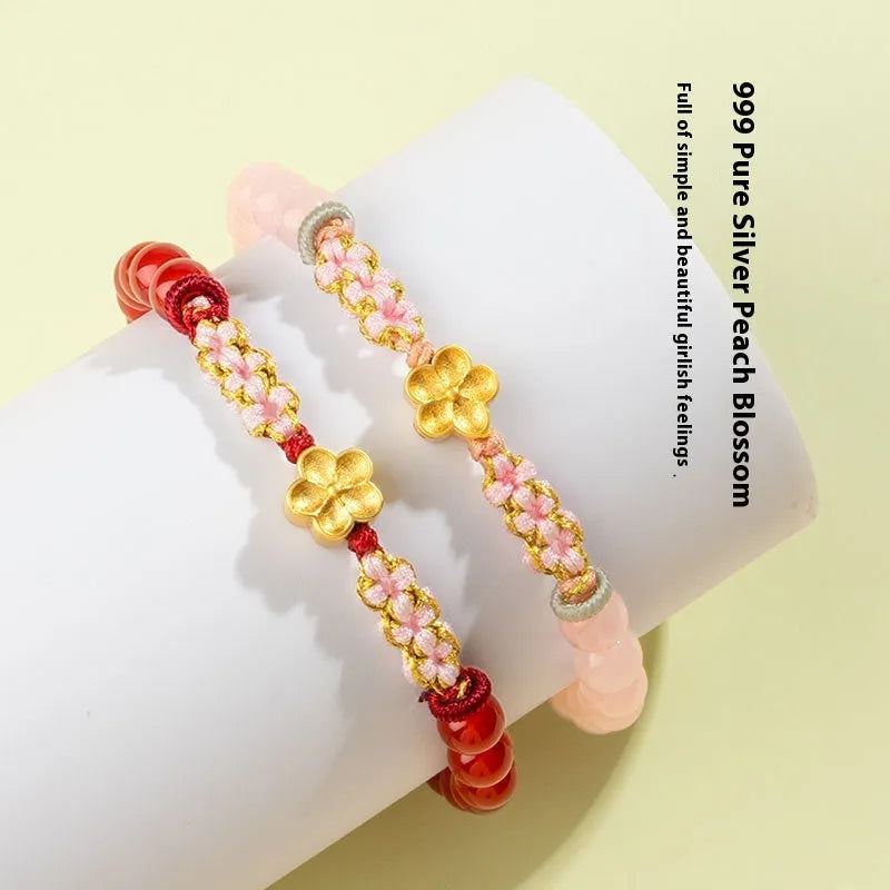 Hand-woven red rope bracelet with crystal diamond and peach blossom decoration in Chinese style