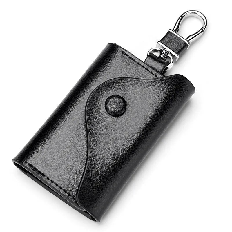 Genuine leather keychain card holder in square vertical format with internal key mapping