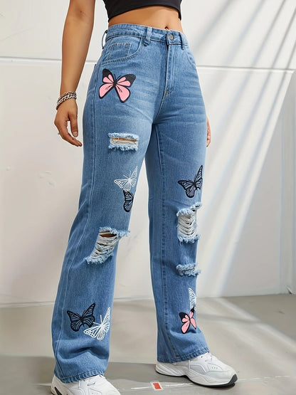 Women's high-waisted straight-leg jeans with butterfly print and distressed details