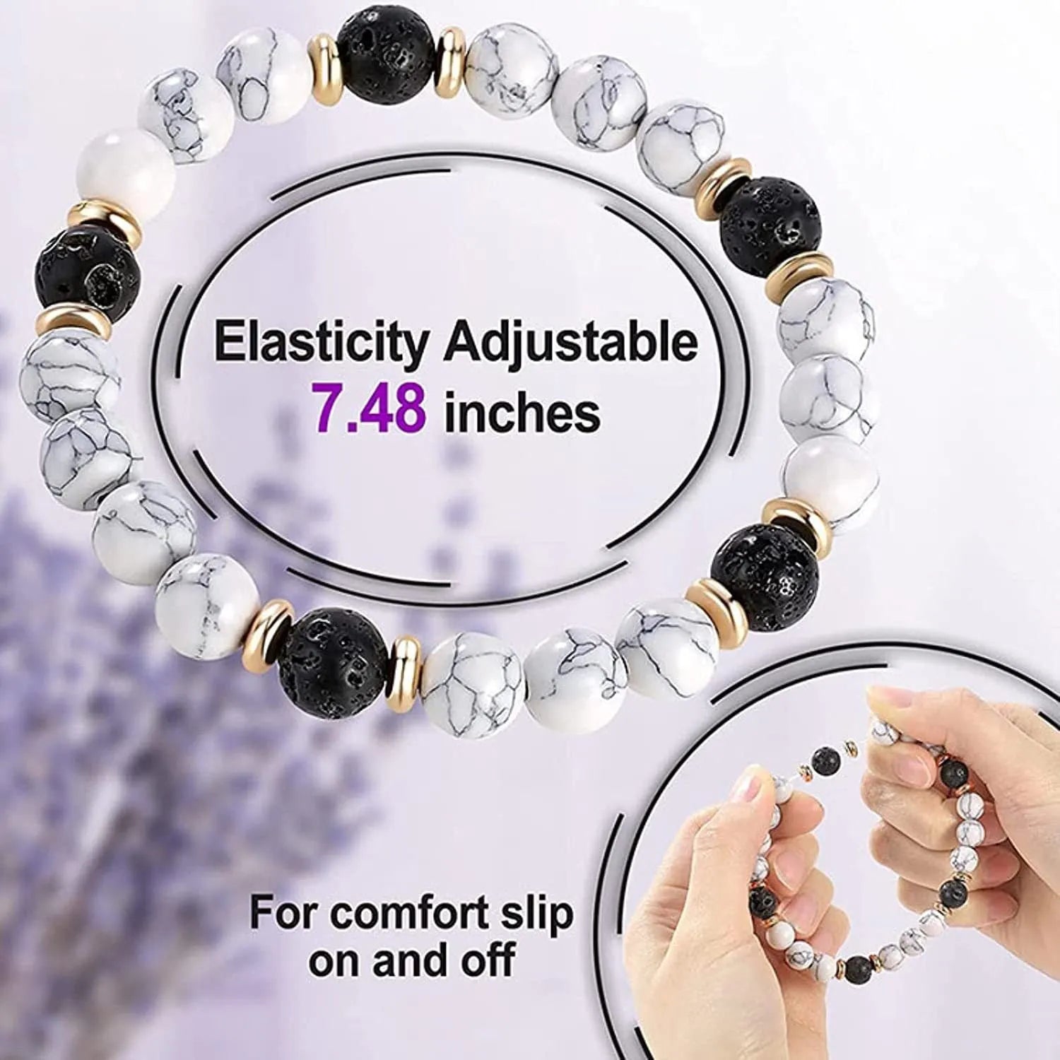 Handmade alloy bracelet with natural stone beads in volcanic white, tiger eye, and agate styles