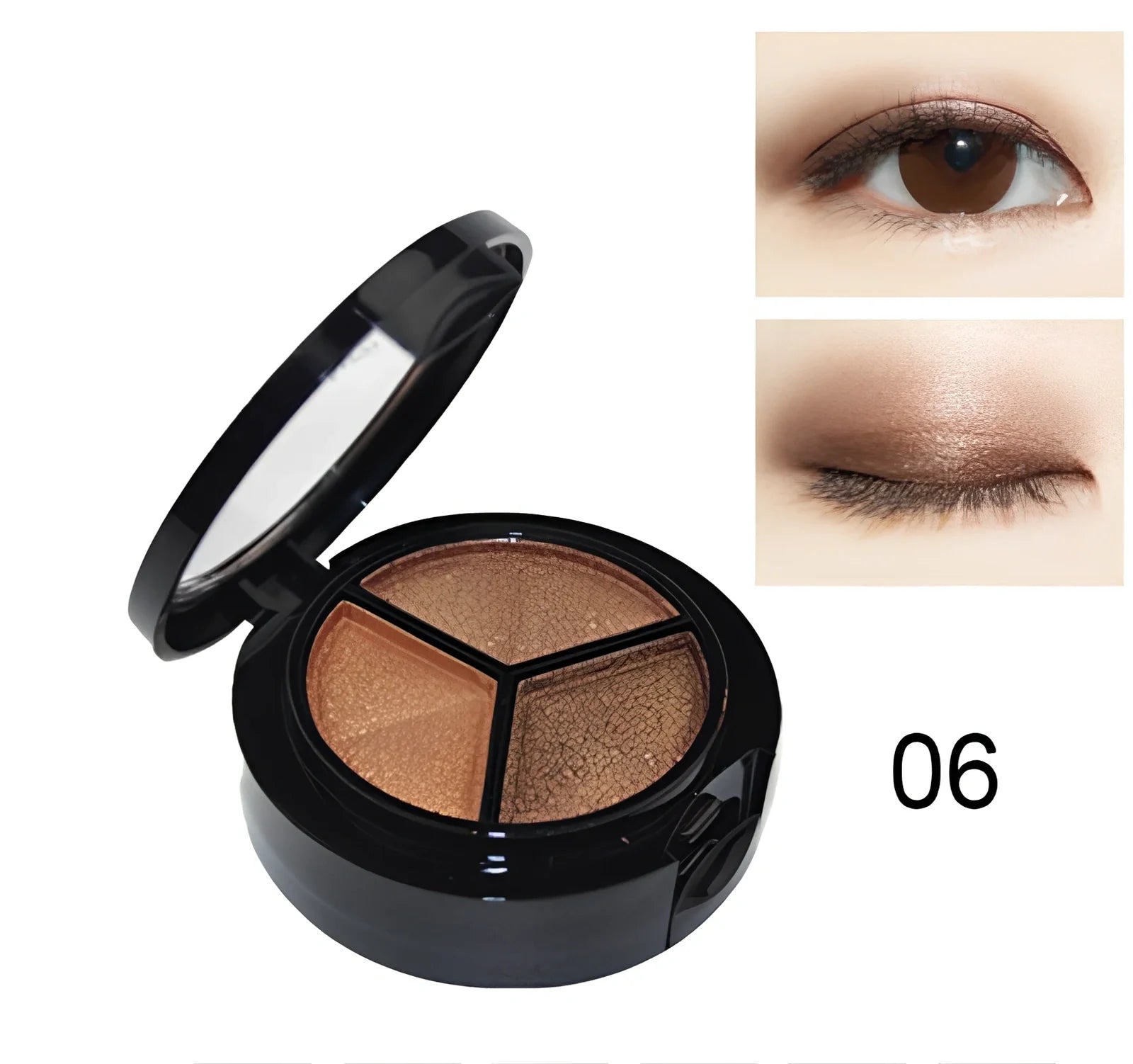 Three-colour eyeshadow palette 5cm diameter with mirror and brush, 0.022kg weight in OPP bag