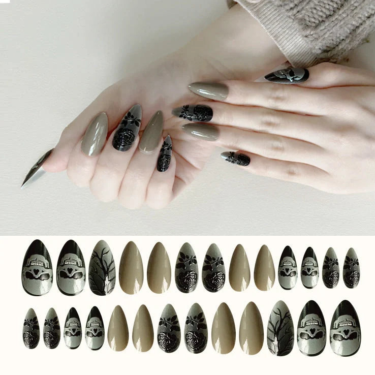 Christmas nail tips showing long, drop-shaped and almond shapes with bronzing and 3D finishes
