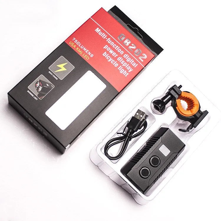 Waterproof bicycle light 750 lumen black with digital display mounted on handlebars