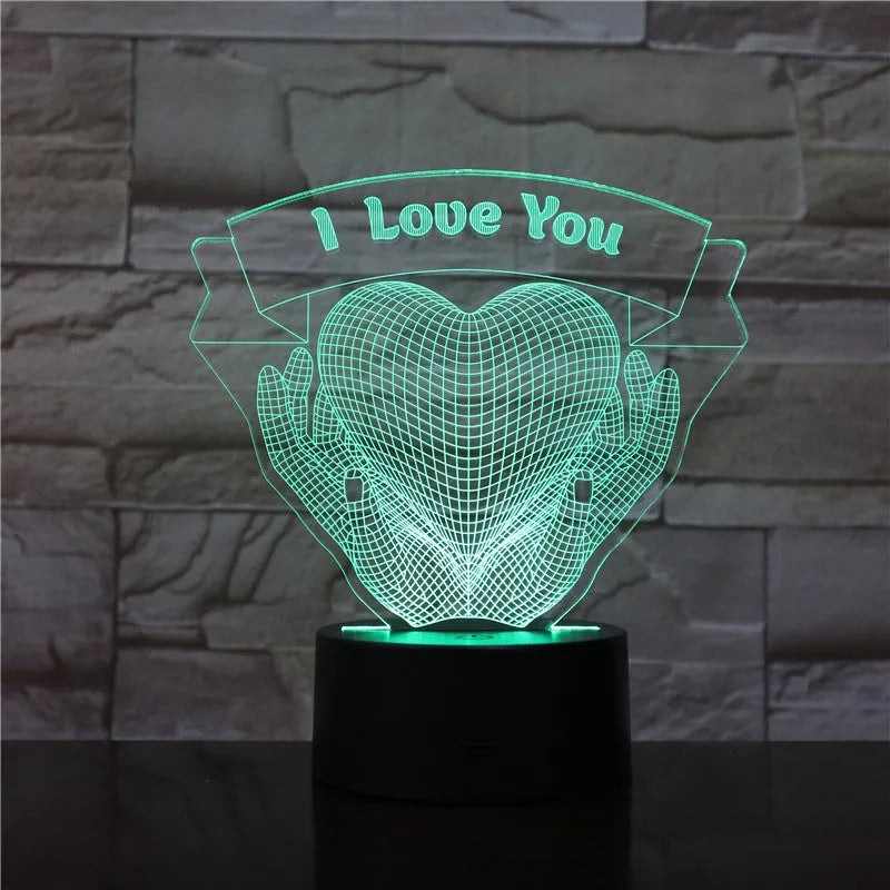 3D night light with hands holding love design, seven colour options, touch control and remote
