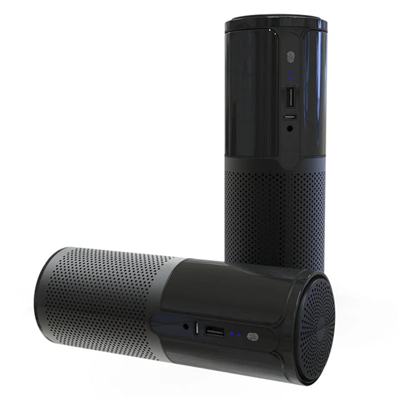 Compact car air purifier in black, reducing allergens with HEPA technology