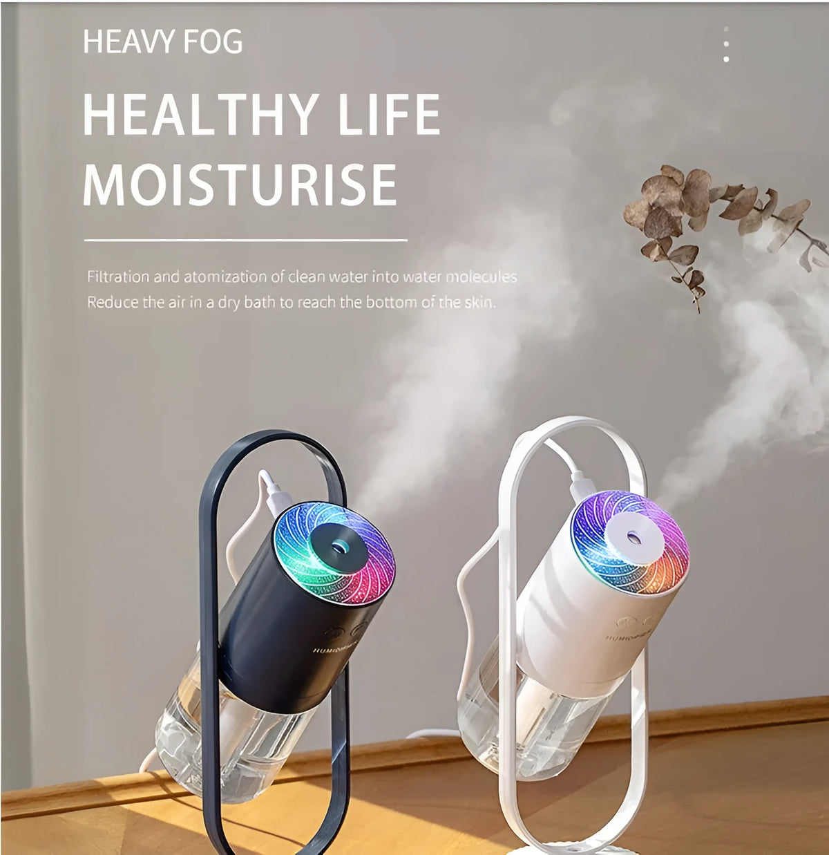 USB air humidifier with projection night light in pink, 200ml water tank, ultrasonic mist maker for car and home use